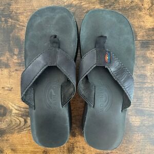 Rainbow Sandals Leather Flip Flops Black Double Layer Womens 7-8 Comfort Casual